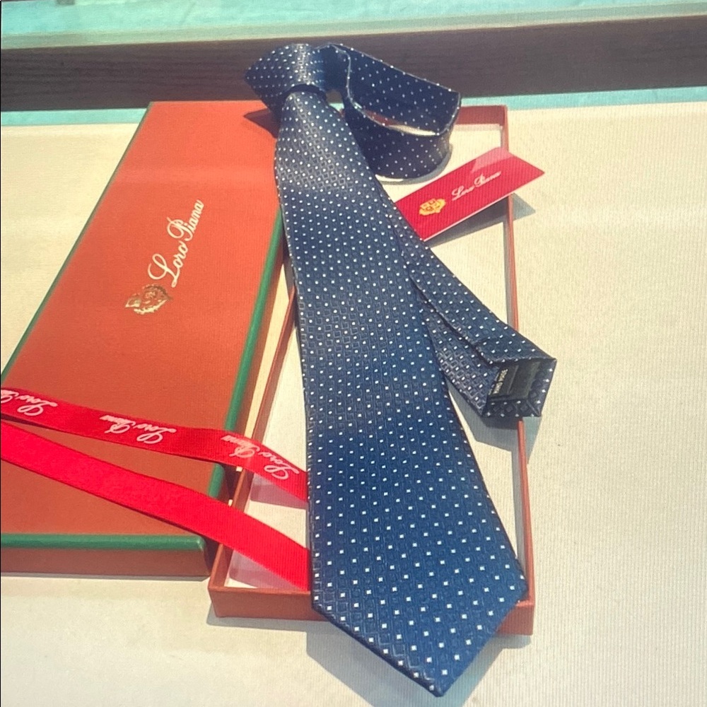 Loro Piana Navy Blue Silk Tie with White Microdots